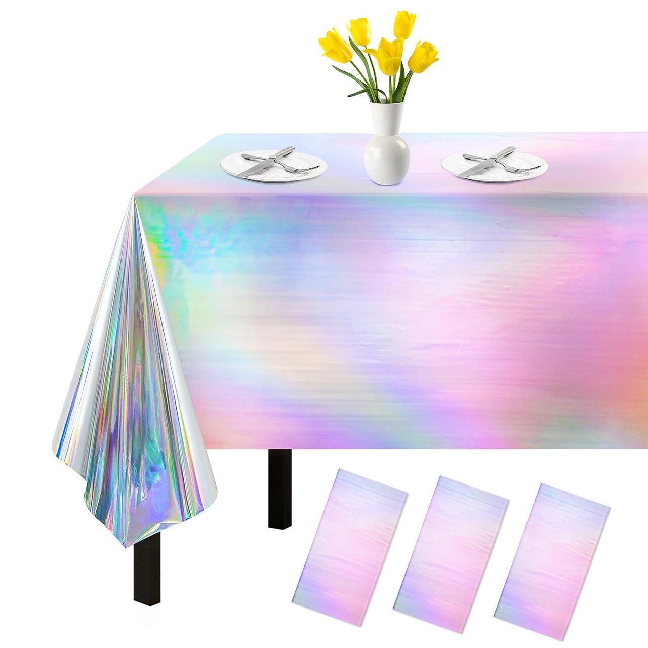 3 Pack Iridescent Tablecloth, 54" x 108" Birthday Party Table Cloths Iridescence Plastic Disposable Table Covers Iridescent Party Decorations, Birthday Decor Tablecloth for Buffet Table